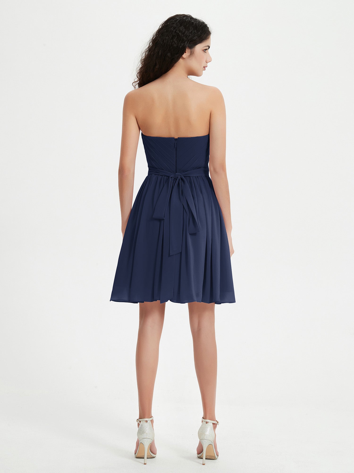 Strapless Chiffon Short Dresses with Bow Dark Navy